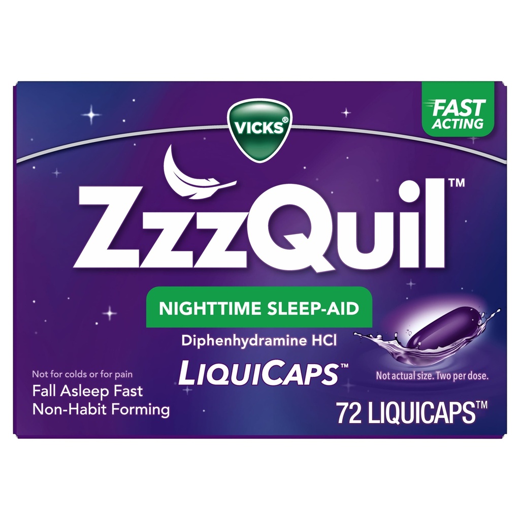 ZzzQuil LiquiCap Sleep Aid, Difenidramina 25mg HCl, Sono Aids para adultos, Nighttime Sleep Aid, 72 LiquiCaps