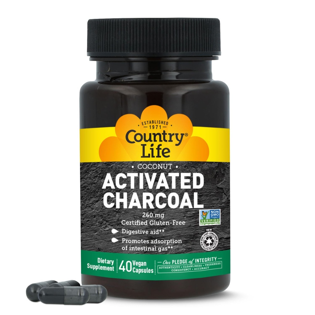 País Vida Coco cápsulas de carvão ativado, 260mg – Suplemento de carvão natural para gás e bloating alívio - sem glúten, 40 Cápsulas Vegan