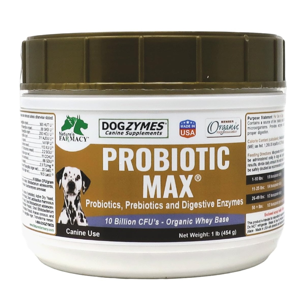 Dogzymes Probiótico Max -10 bilhões de UFC Probióticos, Prebióticos, Enzimas Digestivas - Alivia Diarréia, Estômago Chateado, Obstipação, Gás, Alergia, Imunidade e Saúde Geral 1 Libra