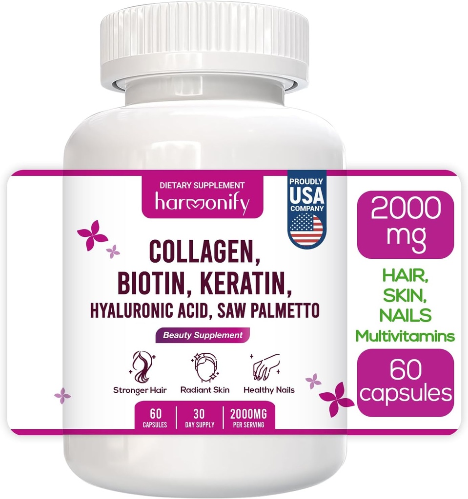 Colágeno Biotina Queratina Ácido Hialurônico Suplemento complexo com vitamina E, ácido fólico, semente de abóbora e HSH, 60 cápsulas, 1000 mg