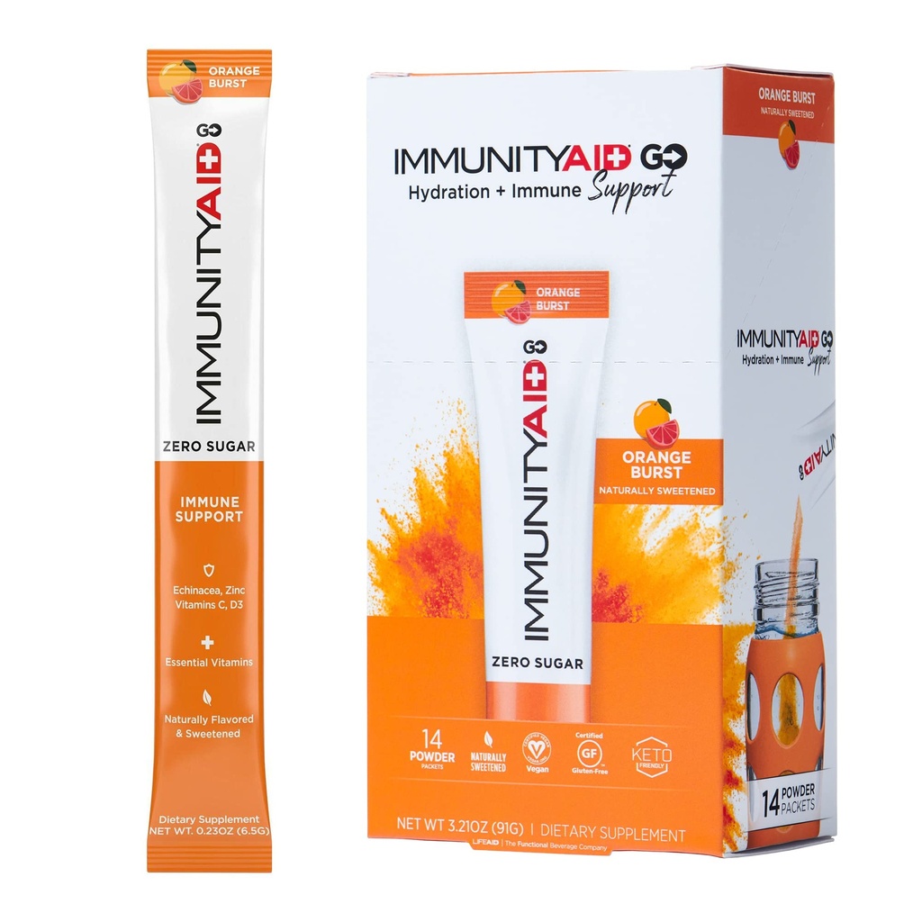 AJUDA À VIDA AJUDA À IMUNIDADE Zero Sugar Immunity + Pacote de hidratação, Vitamina C, Echinacea, Zinco, Astragalus Root, Keto-friendly, Vegan & Gluten-Free, 5 calorias, Naturalmente adoçado, Sem cafeína, 14 Pack