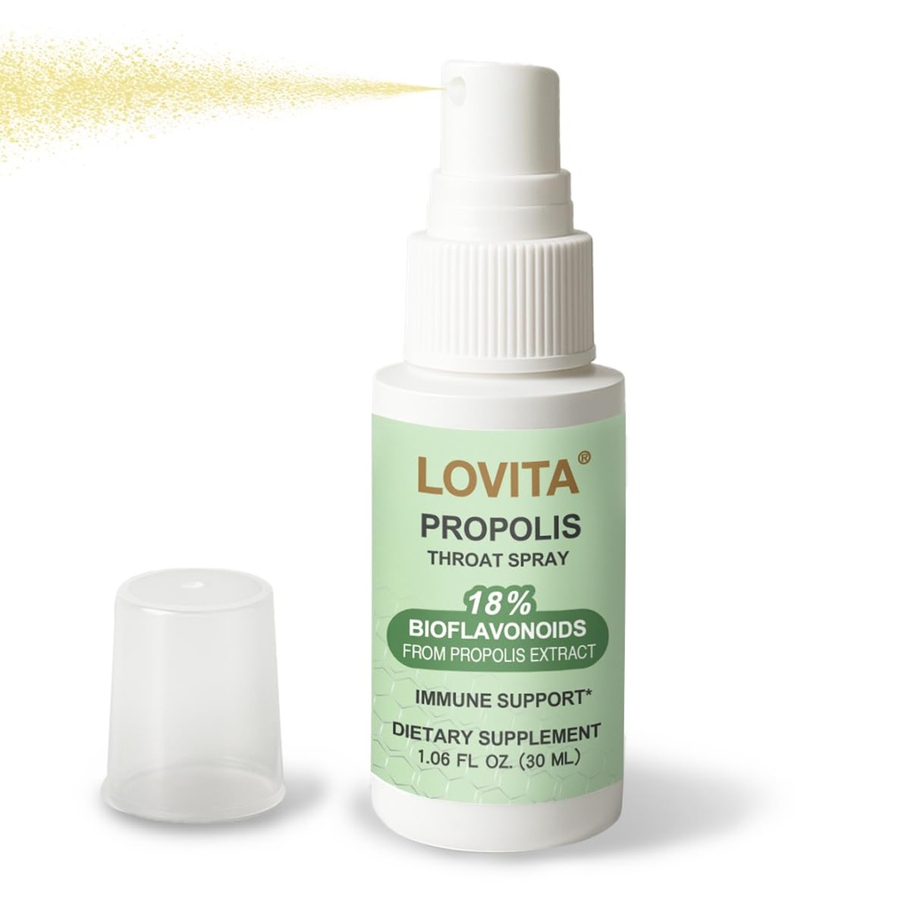 Lovita Bee Propolis Garganta Spray, 18% Bioflavonóides, Sem Álcool, Suporte Imune, Garganta calmante, Antioxidante, Gosto Gentil, 1 Fl Oz (Pacote de 1)