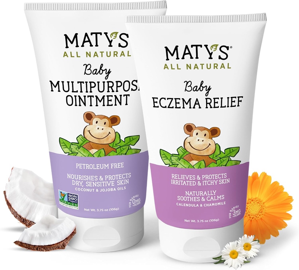Matys Baby Eczema & Multipurpose Pomada 2pk Combo para bebês 3 meses +, Soothe Eczema & Nurish Dry Skin, Esteróide / Petróleo livre, 3,75 oz cada tubo