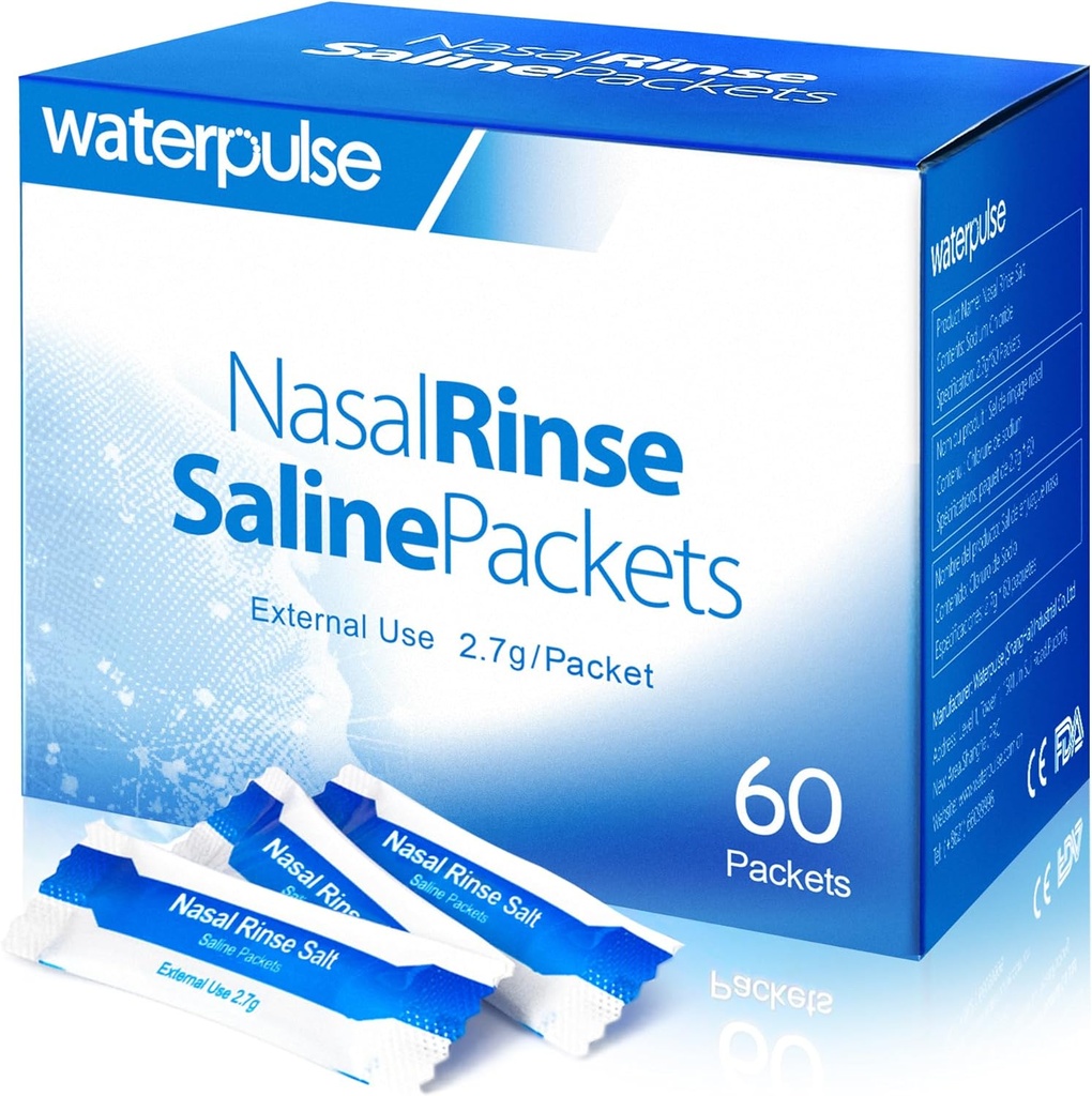 Waterpulse 60 Pacotes Nasal Rinse, Pacotes de Sal Neti Effective Pot, Pacotes de Sal Nasal Rinse Individualmente Envolto - Solução Conveniente para Sinusite, Alergias e Alívio Frio