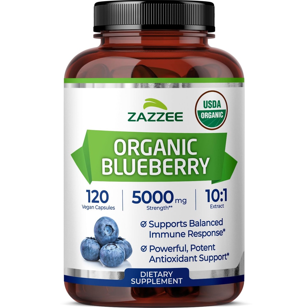 Zazzee USDA Organic Blueberry 10:1 Extract, 5000 mg Força, 120 cápsulas Vegan, Fornecimento de 4 meses, Concentrado e padronizado 10X Whole Fruit Extract, 100% vegetariano, não-GMO, Made in the USA
