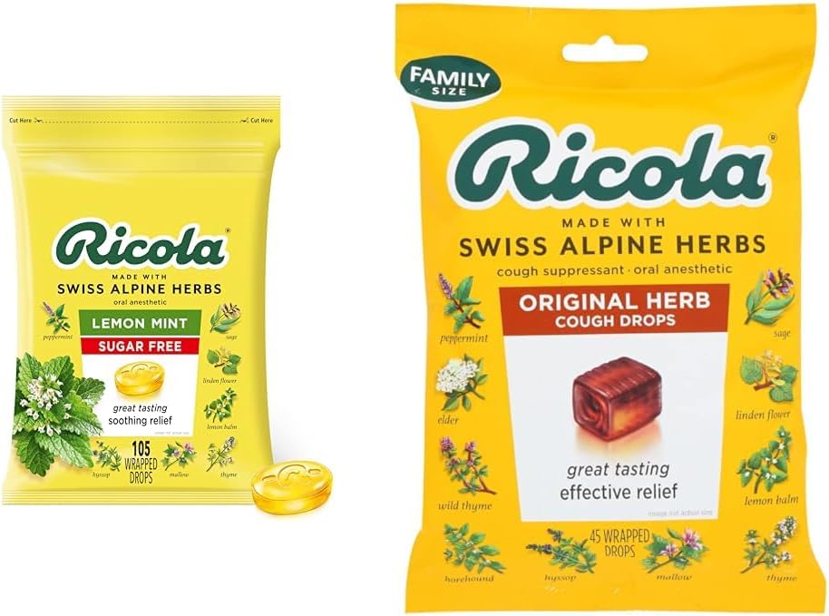 Ricola açúcar livre limão hortelã ervas Tosse Supressor Garganta Drops, 105ct Bolsa & Original Natural Herb Tosse Supressor Garganta Drops, 45 Drops, Luta Tosse Naturalmente