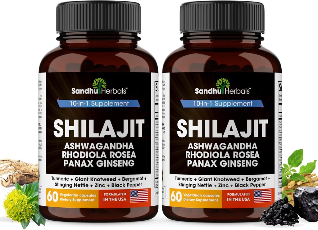 Shilajit Puro Himalaia para Homens e Mulheres □ 120 Cápsulas com Ashwagandha ~ Alta Potência e Suplemento Energético