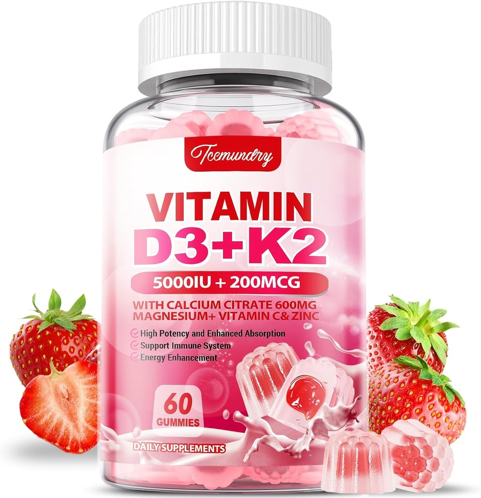 Suplemento Vitamina D3 K2 para Adultos - Vitamina D3 5000 UI + K2 200 mcg - VIT D3 K2 Gummies com cálcio 600mg Zinco de magnésio e vitamina C para Mulheres Homens - Suporta B0ne, Imune muscular