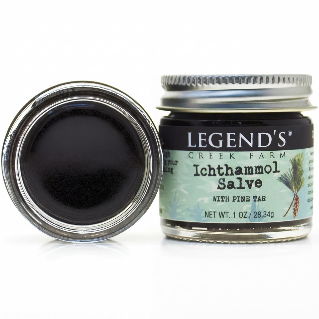 Legend's Creek Farm Herbal Salve - Pomada de cura com 20% Ichthammol Desenho Salva - Balm Natural para Stings, & Splinters - 1 oz - Feito à mão nos EUA (Ichthammol Pine Tar)