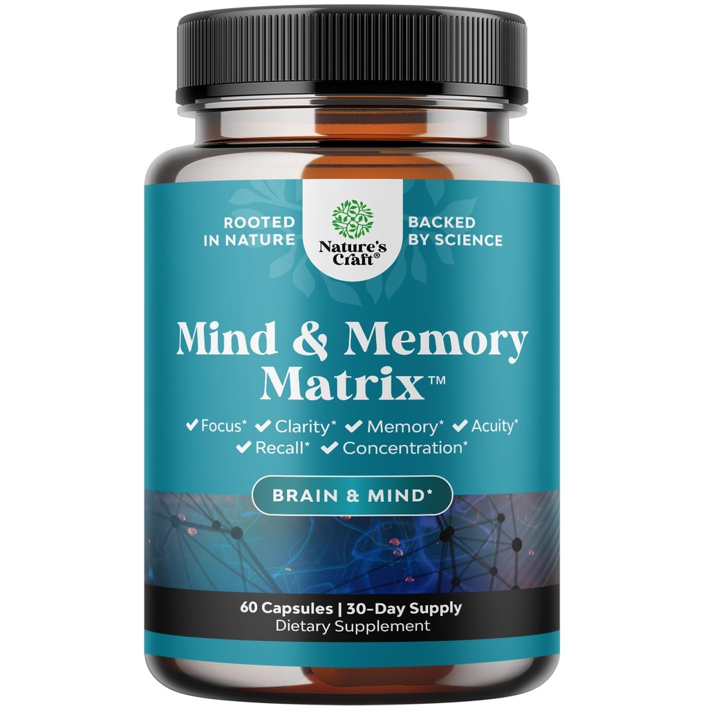 Mente natural e suplemento de memória para aumento de desempenho mental e clareza apoia função cerebral feita com puro extrato de chá verde DMAE Bitartrato e vitaminas 60 cápsulas por natureza Craft