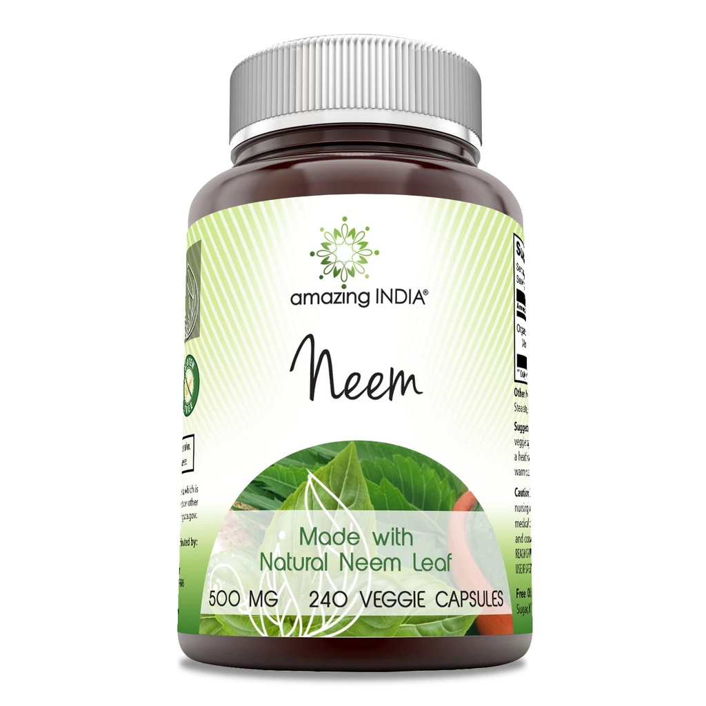 Incrivel Índia Neem (Made with Natural Neem Leaf) 500 mg Veggie Cápsulas Suplemento □ Não-GMO □ Gluten Free □ Made in USA □ Adequado para Vegetarianos (240)
