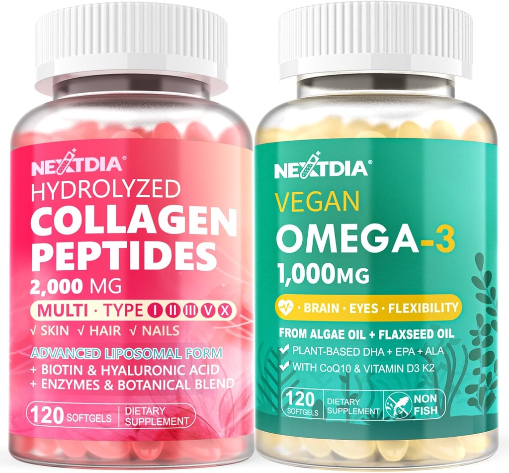 Pílulas de colágeno hidrolisado + Vegan Omega 3 Suplemento com vitamina D3 K2