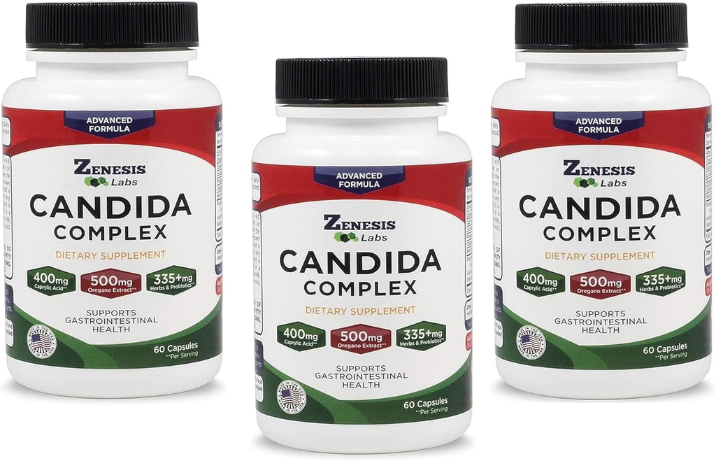 Zenesis Labs Candida Complex Cleanse Detox Caprylic Acid Supplement, Orégano Extract, Probióticos, Enzimas - Bulk 180 Cápsulas, Alimentação de 90 dias (60 Cápsulas/Bottle)