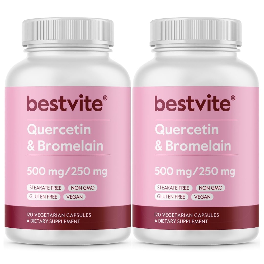 BESTVITE Quercetina com bromelaína 500mg/250mg (240 Cápsulas vegetarianas) (120 x 2) - Sem estearatos - Sem Dióxido de Silício - Vegan - Não OGM - Gluten Free