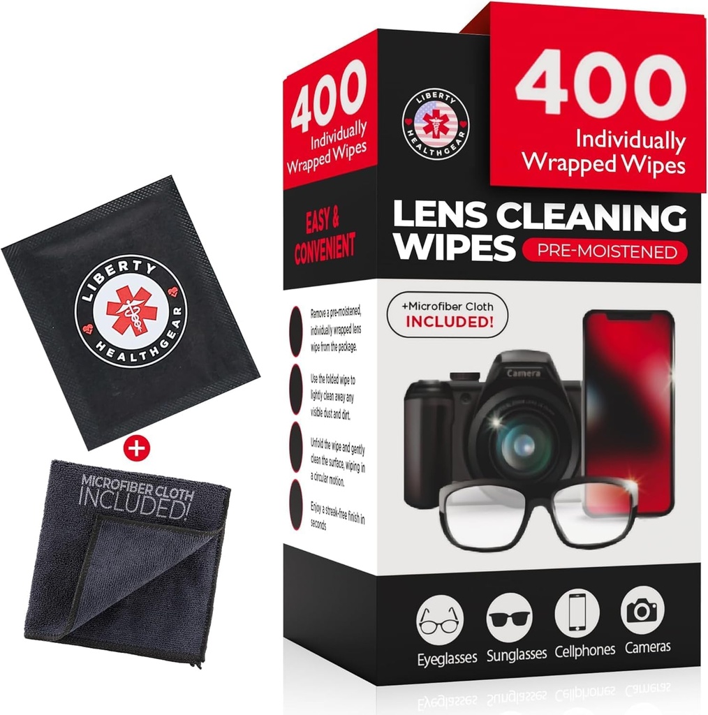 400 Eyeglass Cleaning Wipes + pano de microfibra para óculos de olhos e lente limpador □ Pré-hidratado, individualmente embrulhado, menos fórmula de álcool