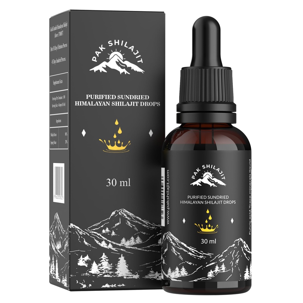PakShilajit® Sun Himalaia seca Shilajit gotas líquidas, mais Premium & Orgânico ouro grau Shilajit gotas acima de 17000FT (embalagem de 30ML), rico em ácido húmico ácido fulvico Suplemento natural