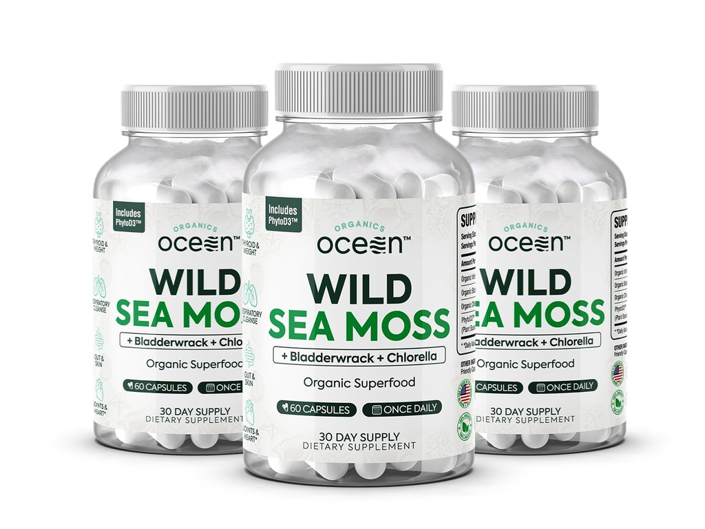 Organics Ocean Wild Sea Moss Cápsulas - 100% Organic Irish Sea Moss com chlorela orgânica, Bladderwrack e vitamina D para energia, saúde do pulmão e suporte da tireóide para mulheres e homens - 3 garrafas