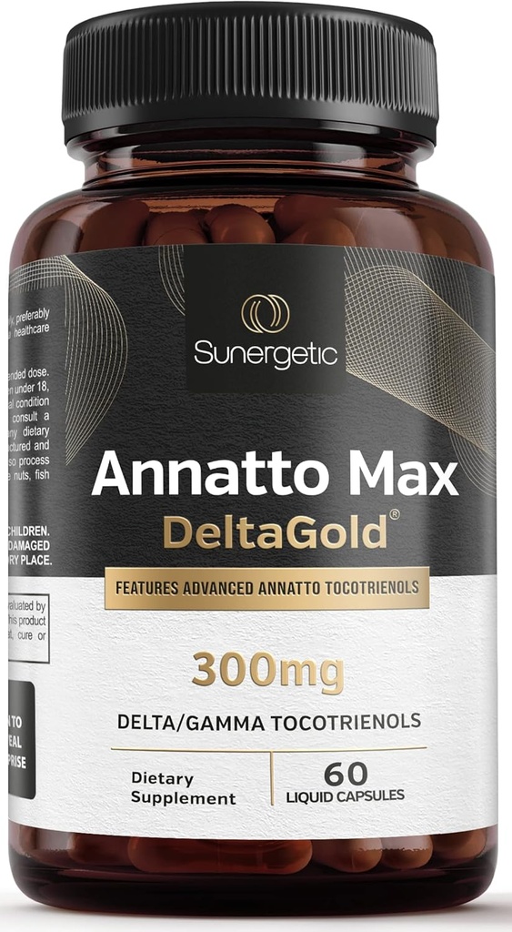 Sunergetic Premium Annatto Tocotrienol Supplement – com DeltaGold – Tocotrienols Vitamina E 300 mg – Suporta Fígado, Imune & Saúde do Coração - Delta + Gamma Tocotrienols (60 Cápsulas Líquidas)