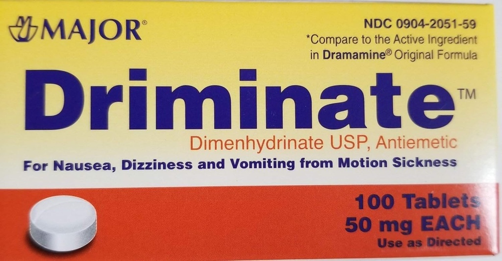 Dimenidrinato ® Major Driminate 50mg 100 Ct para Náuseas, Tonturas e Vómitos da Doença de Movimento
