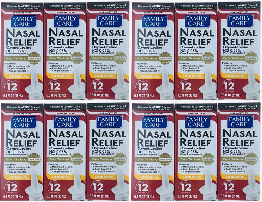 (12 embalagem) Spray de alívio nasal, Humidade da bomba de 12 horas (Oximetazolina HCL) 0, 5 fl oz