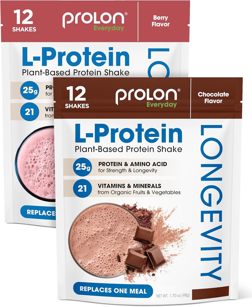 Prolon Longevidade Planta Based Protein Powder (Síntese e reparação muscular), Envelhecimento saudável, Melhor desempenho , Vitaminas, Glúten Livre, Aminoácidos, 25g de proteína, Chocolate e Berry, 24 pacotes
