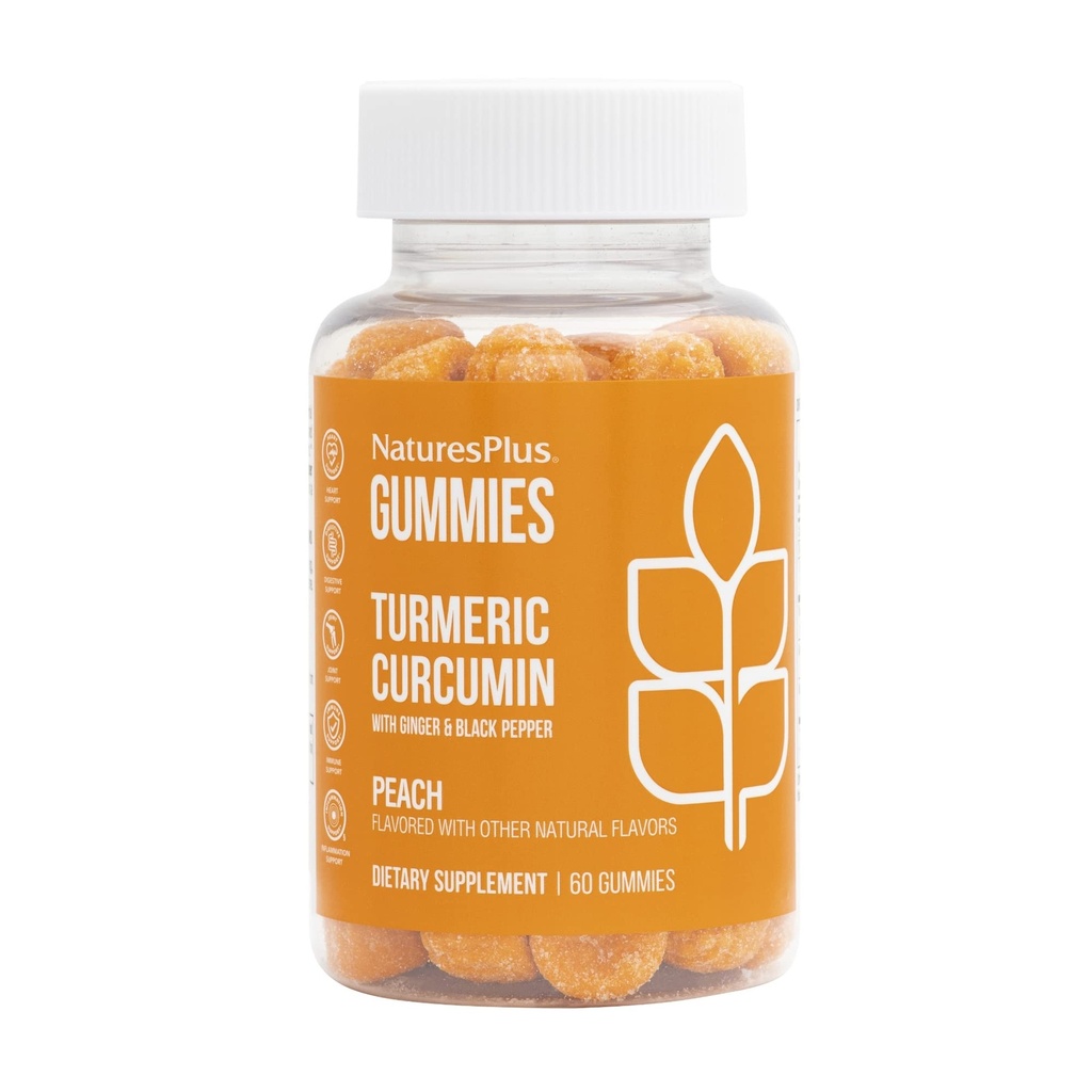 NaturesPlus Gummies Curcumin Açafrão - 60 Gummies, Pêssego - Suporta Joint, Digestivo & Saúde Cardiovascular - Vegan, Sem glúten, Não-GMO - 30 Servings