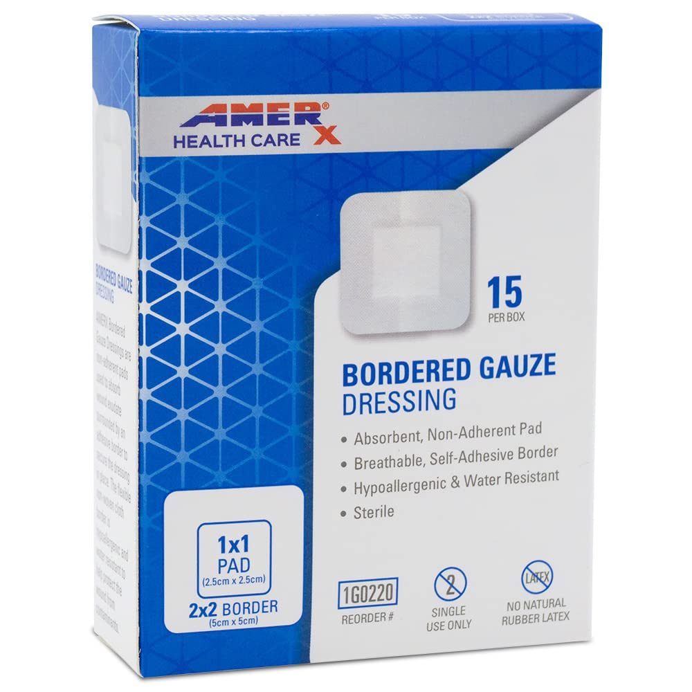2" x 2" Dressing (1x1 Pad) AMERX Bordered Gauze - Adesive Bandages - Water Resistant Barrier - Auto Adesive Border - Respirável, Hipoalergênico - 15 Pads por caixa