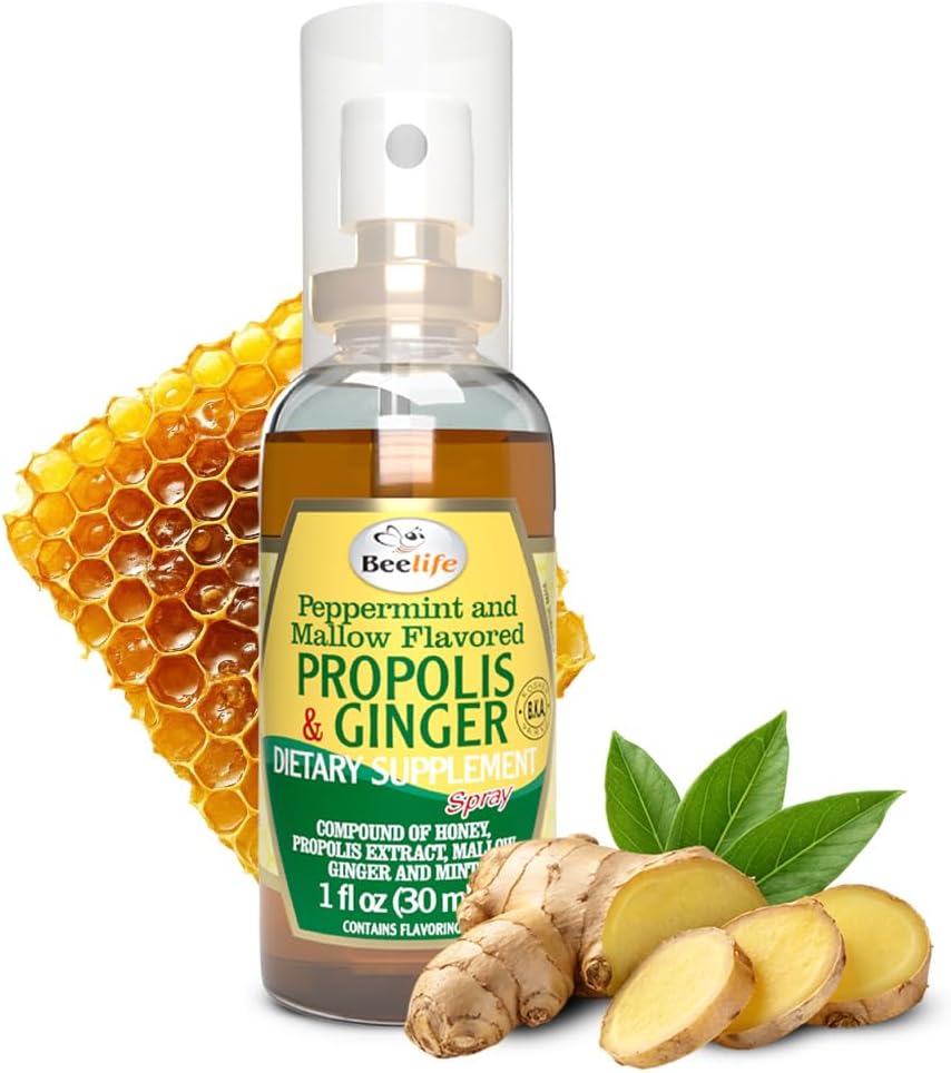 Pulverização da Garganta da Própolis da Beelife – Mel calmante e Própolis da Ginger - Suporte Imune Natural e Alivio da Garganta Dolorosa, Antioxidantes, Rico em Flavonoides & Artepillin C, Sem Açúcar, Sem Glúten - 1-Pack, 30ml