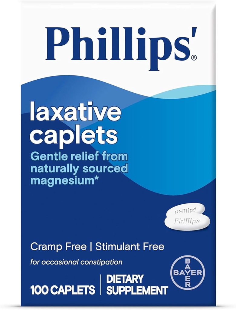 Caplets laxantes de Phillips, com suplemento de magnésio de origem natural para alívio suave de constipação ocasional, cãibra e estimulante laxantes livres, 100 Caplets