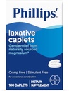 Caplets laxantes de Phillips, com suplemento de magnésio de origem natural para alívio suave de constipação ocasional, cãibra e estimulante laxantes livres, 100 Caplets