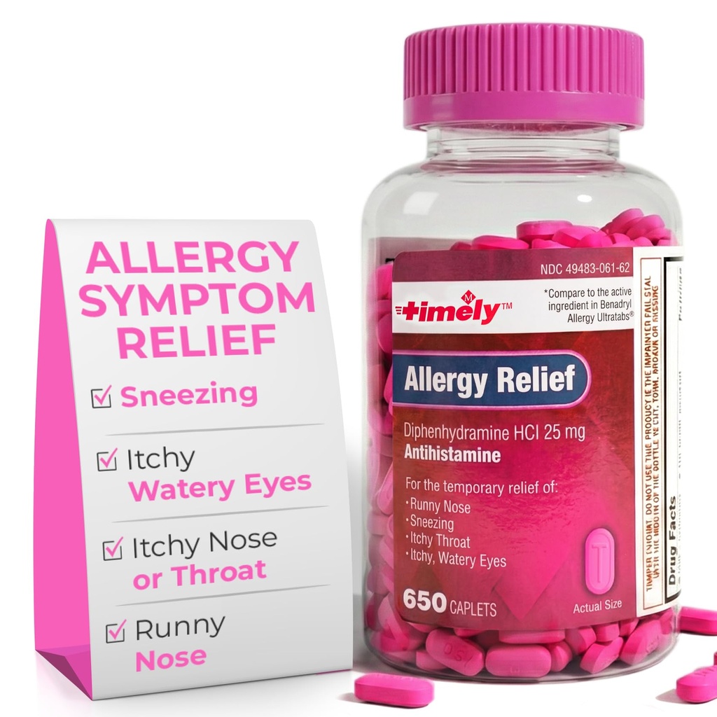 Alergia Temporal Alívio Difenidramina HCl 25 mg - 650 Caplets - Comparado com Benadril Alergia Ultratab - Anti-histamínico - Medicação de Alergia - Alívio de Nariz Runny para Adultos - Tratamento de Olhos Aguados
