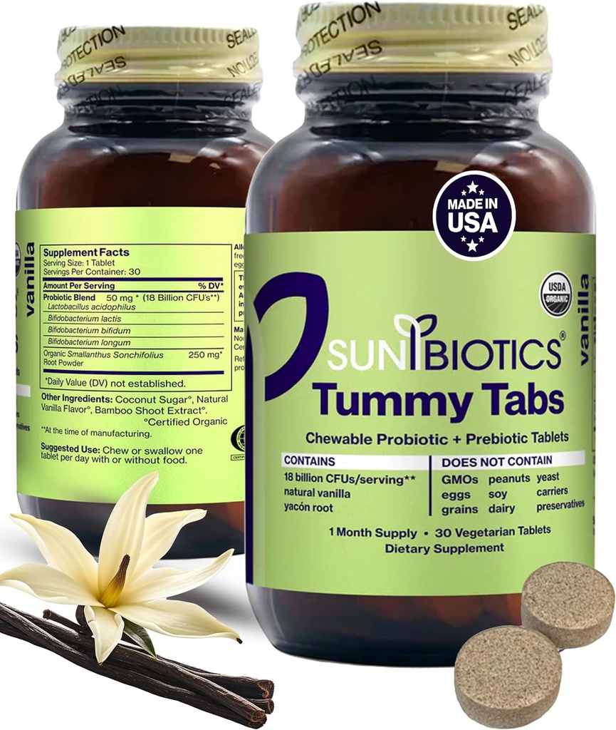 SUNBIOTICS Abas de barriga - comprimidos probióticos e prebióticos mastigáveis com 18 bilhões de UFC de 4 estirpes probióticas para boa flora, sistema imunológico e microbioma equilibrado - baunilha, (Pacote de 1)