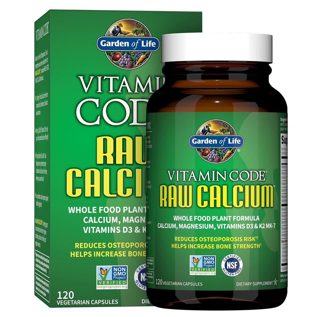 Jardim da vida Suplemento de cálcio cru para mulheres e homens - Código Vitamina Feito de alimentos inteiros com magnésio, K2, vitamina D3 e vitamina C mais Probióticos para Digestion, 120 Cápsulas
