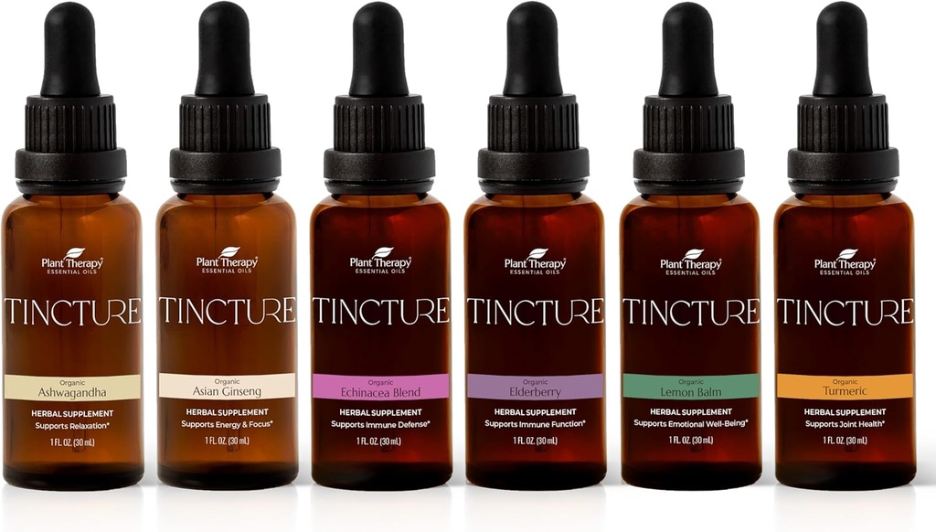Terapia vegetal Conjunto de tinturas orgânicas iniciantes 30 mL Cada um de Ashwagandha orgânica, Ginseng asiático, Echinacea Blend, Elderberry, Limão Balm & Açafrão