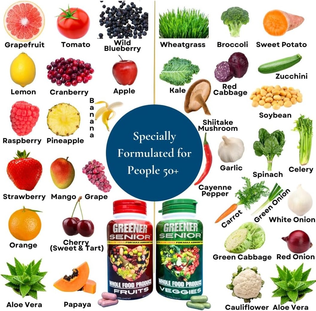 Fruit & Veggie Whole Food Supplement - Formulado para Seniors para Max Absorção - 90 Cápsulas de Fruta e 90 Cápsulas Veggie - 1 Conjunto