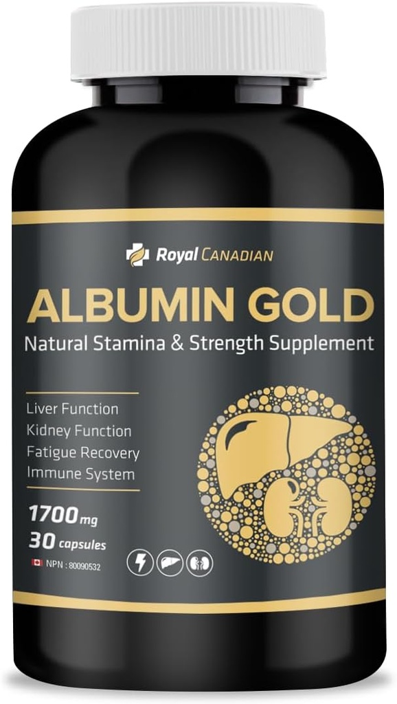 Royal Canadian Albumin Gold 1700mg Função do fígado, função do rim, recuperação da fadiga, sistema imunológico (30 x 1700mg Cápsulas)
