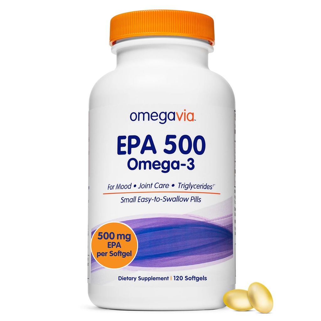 OmegaVia EPA 500, Purified Omega-3 suplemento de óleo de peixe, 500 mg EPA em forma de triglicérido, óleo de peixe arrotado, não-GMO, sem glúten, IFOS 5-Star, 120 Softgels