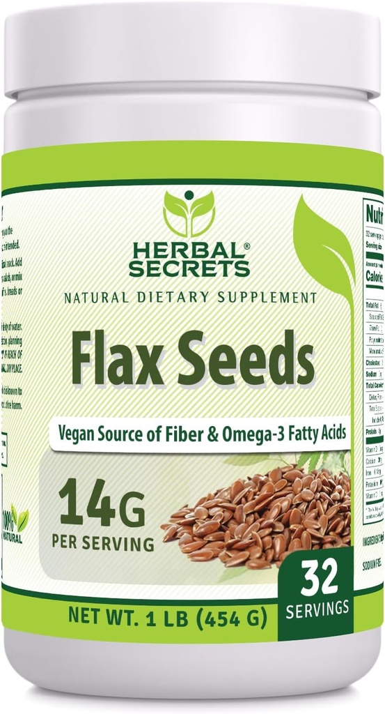 Herbal Secrets Organic Whole Flax Seeds Supplement (Suplemento de sementes de linho integral) 14 G por serviço , Raw Vegan , Não-GMO , Gluten-Free , Made in USA (1 Pack, 1 Lb)