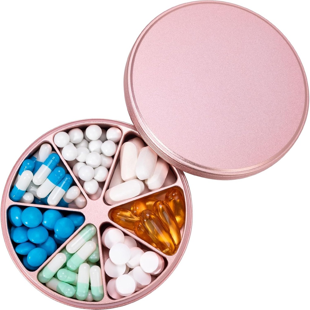 Organizador de comprimidos de metal 7 compartimentos Dispensador de comprimidos - Caixa de comprimidos resistente à água Contentor de comprimidos grande caixa de pílulas diária Medicine Holder for Medication Vitaminas Fish Oils Supplements, 0.39lb (Pink)