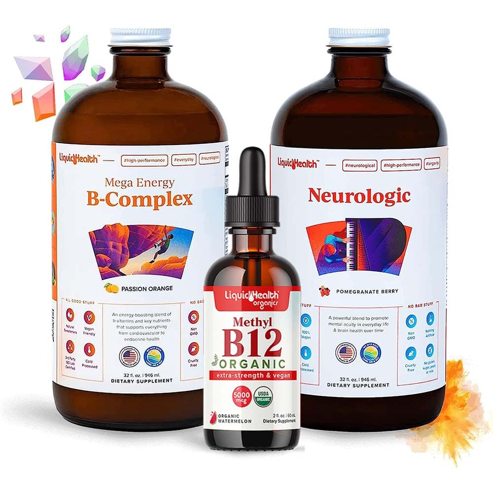 LIQUIDHEALTH Adulto Foco & Energia Pacote de Vitamina Líquida com Mega Energia B-Complexo, USDA Organic Methyl B12 Drops, Neurologic Nootropic Focus Supplement - Boost Energy, Mood - EUA Made, Vegan, Non-GMO