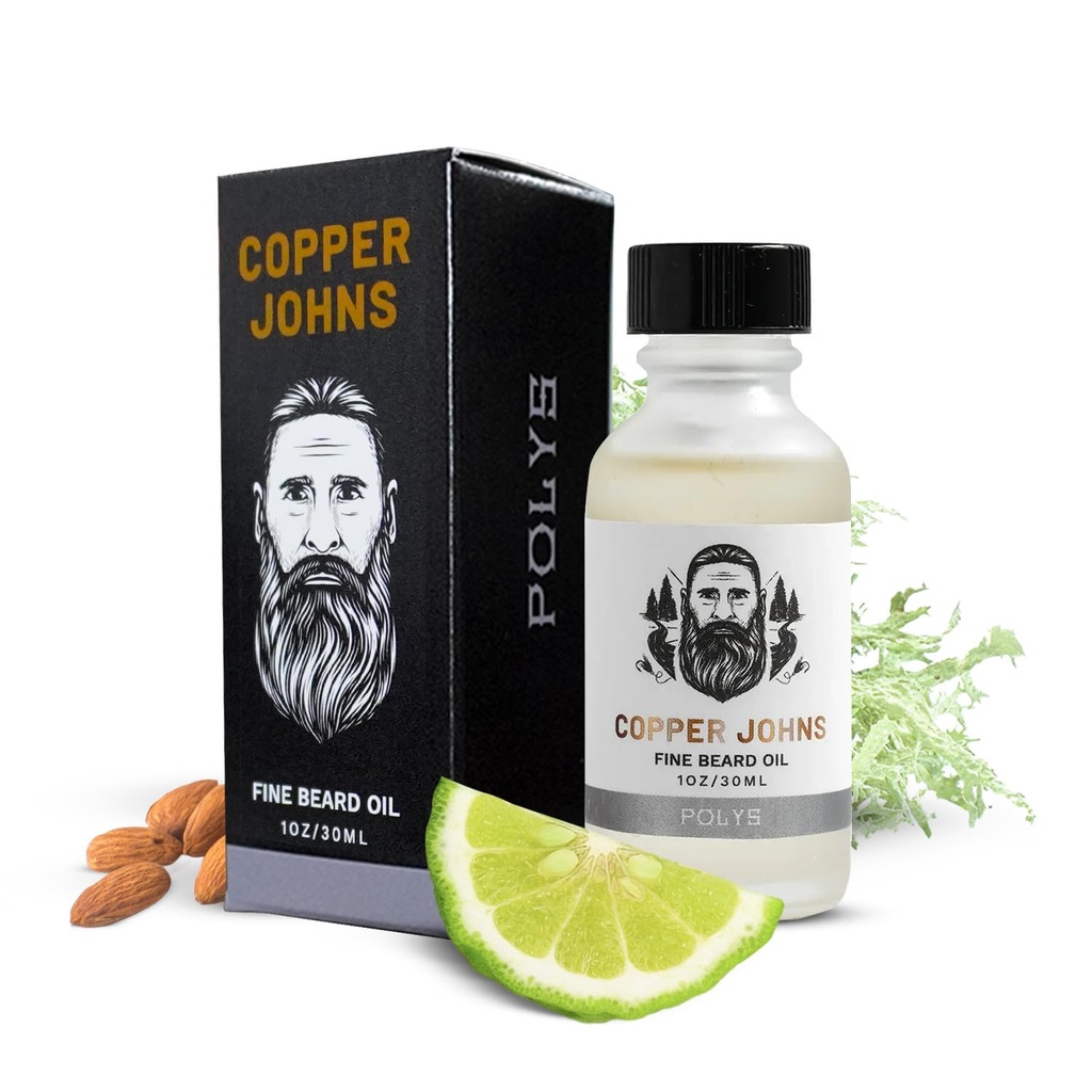 Óleo de cobre Johns Premium Barba para Homens - Fórmula Natural com Jojoba & Óleo de Castor - Hidratante de Barba Leve Não Gordura - Macio, Hidratos & Tames Frizz - Polys-Bergamot & Amêndoa de Cereja 1 oz