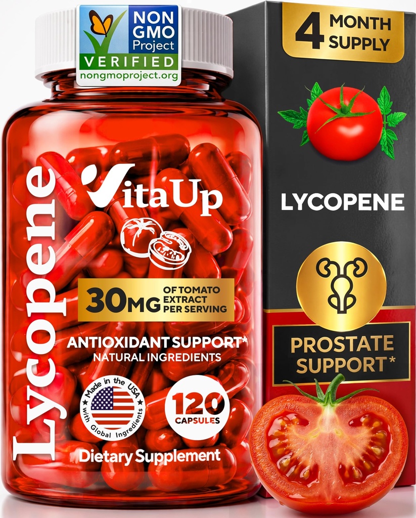 Suplementos de Licopeno para Homens - EUA Suplementos de Próstata para Homens com Extrato de Tomato Natural - Suplemento de Licopeno Não-GMO para Próstata, Pele e Apoio Antioxidante - 120 Contagem