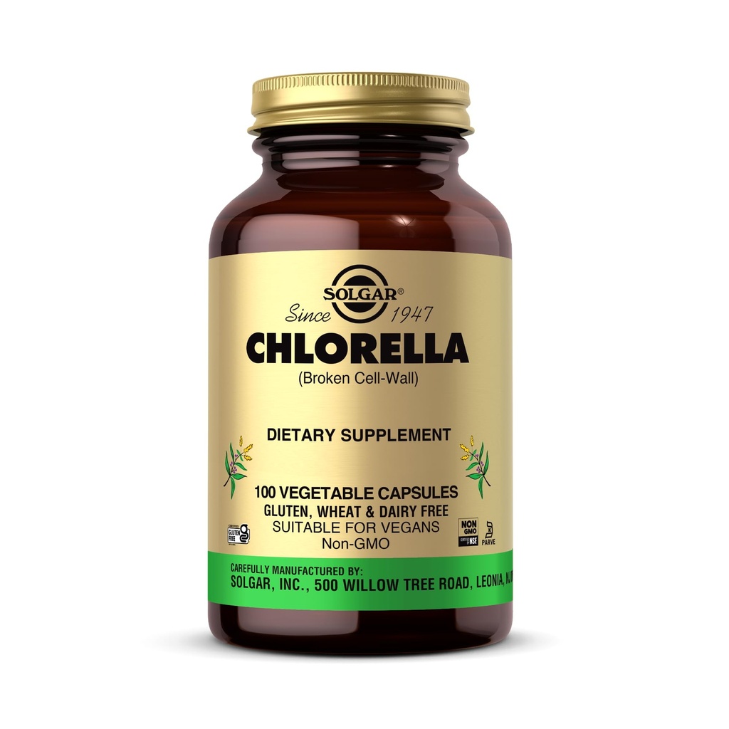 Solgar chlorela - 100 Cápsulas Vegetais - Absorção Máxima - Não-GMO, Vegan, Gluten Free, Kosher - 100 Servings