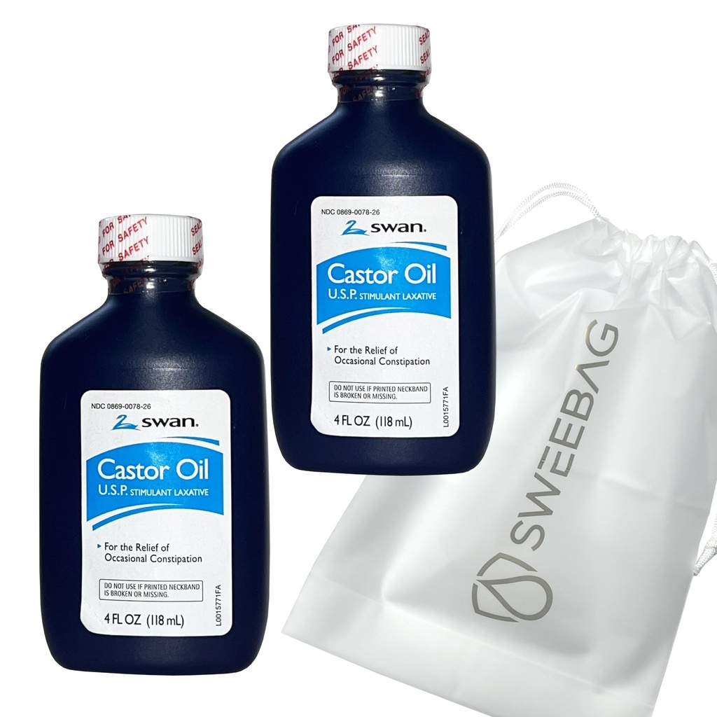 Óleo de rícino SWAN USP Laxante 100% estimulante para alívio de constipação ocasional 4 Fl Oz (Pacote de 2) Plus Bolsa forte e impermeável