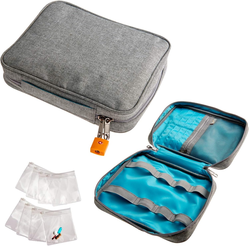 Smooth Trip Medicina Saco de armazenamento e Organizer garrafa de medicação - Saco de viagem médico resistente ao Slash com Pill Pouches reutilizáveis de qualidade alimentar - Slim Design se encaixa em Carry-ons, Totes e mochilas