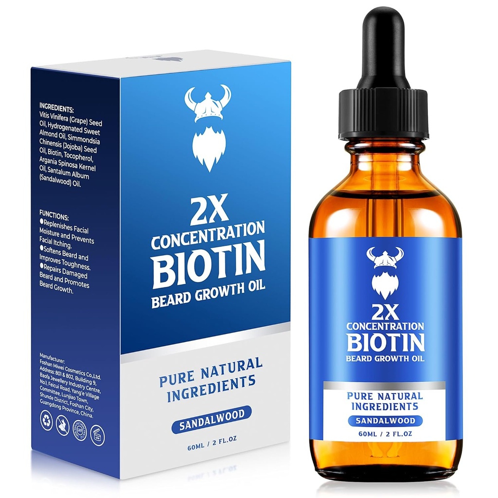 Óleo de crescimento de barba - óleo de biotina de concentração 2X para homens (2 onças) - óleo de barba de homens naturais com óleo de Argan, óleo de Jojoba e vitamina, amaciador de crescimento de barba, hidratante (Sandalwood)