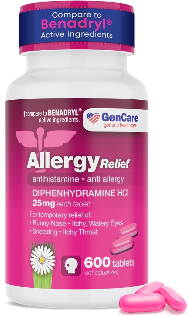 GenCare - Alergia Relief Medicine - Anti-histamínico Difenidramina 25mg (600 comprimidos por garrafa) Value Pack - Alivio para Itchy Eyes, Snizzing, Runny Nariz