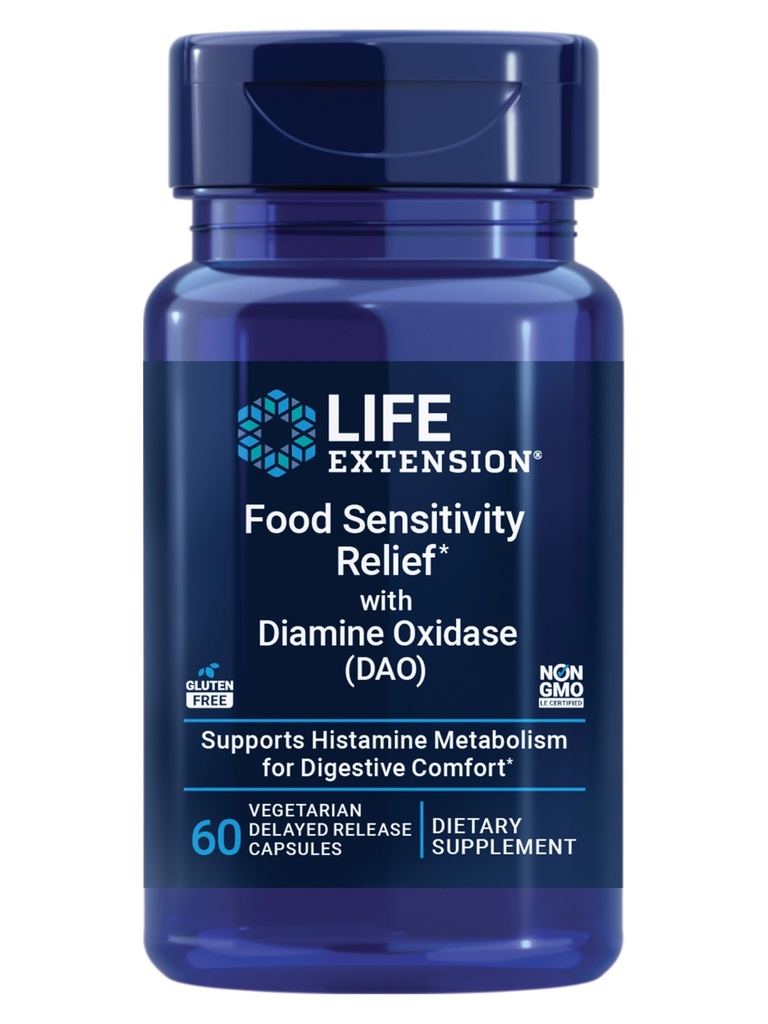 Extensão de vida Alimento de Sensibilidade Alimentar com Diamine Oxidase (DAO), Gás Ocasional, Conforto Digestivo, Histamina Sensibilidade, Suplemento de Enzima DAO, Sem glúten, Não-GMO, Vegetariano, 60 Cápsulas
