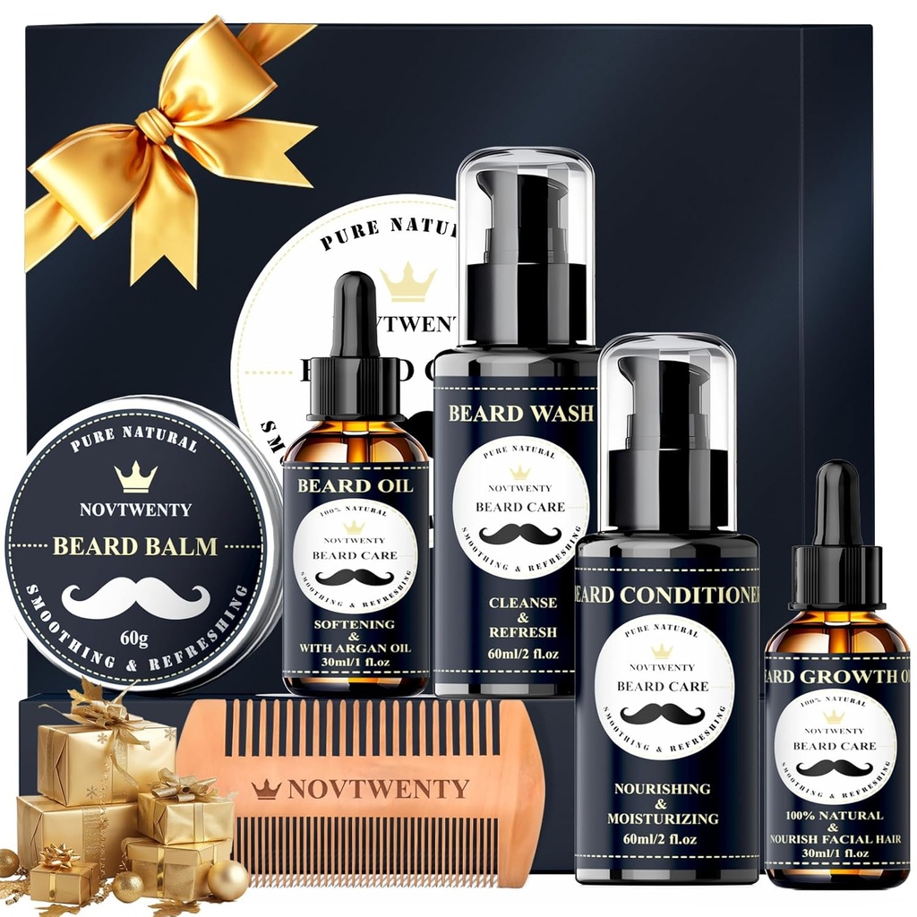 Kit de crescimento da barba - Kit 7 Pc, inclui lavagem, óleo, condicionador, bálsamo, pente, conjunto de caixa de presente para homens