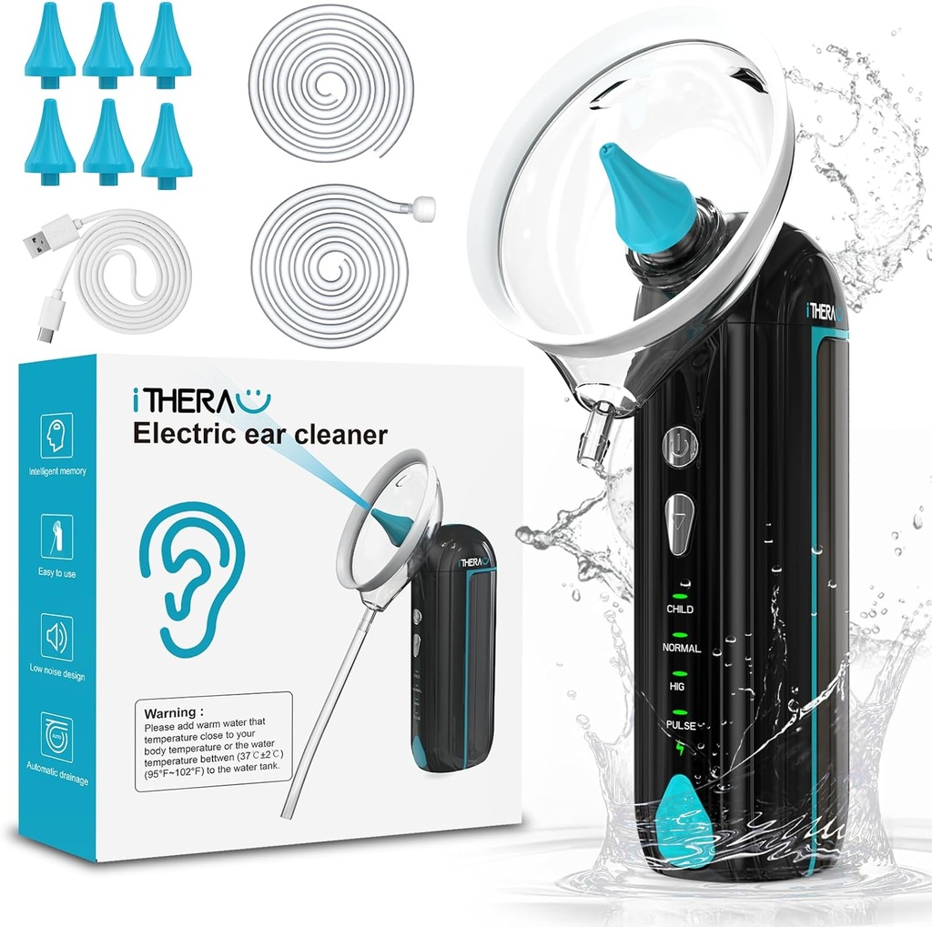 iTHERAU Wash Ear Cleaner Water Powered Ear Cleaner Electric Ear Cleaner Kit de limpeza com 4 modos de pressão Kit de irrigação de ouvido seguro e eficaz com 6 agulhetas de pulverização
